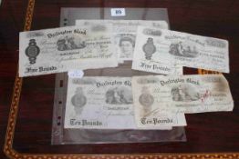 Five Jonathan Backhouse white bank notes including Durham (cut-used) £5 1891 CW 663,