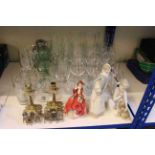 Royal Doulton Top O The Hill, Lladro figurines, brass candlesticks, wine glasses,