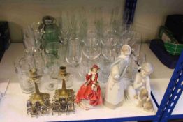 Royal Doulton Top O The Hill, Lladro figurines, brass candlesticks, wine glasses,