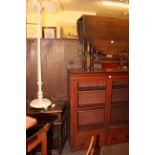 Oak canted corner hall table, standard lamp and shade,