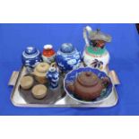 Tray lot with Chinese prunus ginger jars and other Oriental pieces.