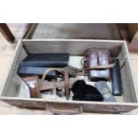 Vintage suitcase with stereoviewer and cards, binoculars, instruments, etc.