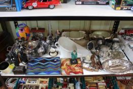 Shelf collection of silver plated wares, binoculars, cased glass ship, corkscrews, ceramics, etc.