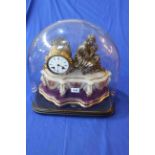Highly ornate Victorian gilt metal and alabaster mantel clock with musical figure on shaped