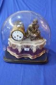 Highly ornate Victorian gilt metal and alabaster mantel clock with musical figure on shaped