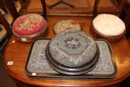 Victorian beadwork stand and stool and three circular Victorian stools (5).