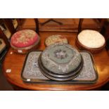 Victorian beadwork stand and stool and three circular Victorian stools (5).