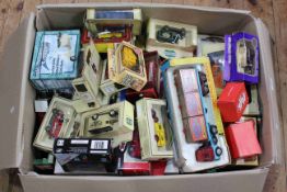 Box of die-cast model vehicles.