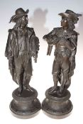 Pair spelter figures depicting men playing musical instruments, 53cm in height.