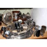 Silver collared 1884 Bell Hall horn beaker, silver backed brushes and mirror, mantel clock,
