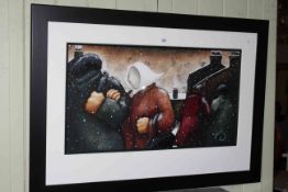 Lou Harris original work, Huddle, with figures in snowing scene, signed, framed,