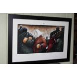 Lou Harris original work, Huddle, with figures in snowing scene, signed, framed,