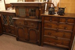 Old Charm buffet sideboard, glazed door cabinet bookcase and 1920's oak five drawer chest (3).