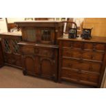 Old Charm buffet sideboard, glazed door cabinet bookcase and 1920's oak five drawer chest (3).