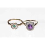 Gold, emerald and diamond shamrock ring, size O, and amethyst and diamond ring, size N.