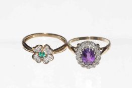 Gold, emerald and diamond shamrock ring, size O, and amethyst and diamond ring, size N.