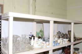 Shelf collection of glass, Aynsley, commemorative wares, cased cutlery, EPNS wares, prints,