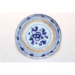 Antique Chinese blue and white stand with calligraphy decoration, 13.5cm diameter.