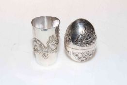 Chinese silver beaker, and egg with pierced and embossed decoration (2).