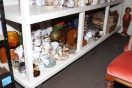 Large shelf collection of teddy bears, die-cast toy cars, cars, glass, books, mantel clock,