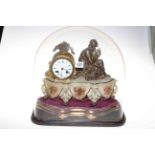 Ornate Victorian gilt metal and alabaster mantel clock mounted with musical figure on shaped