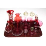Tray lot with sixteen pieces of ruby glassware.
