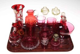 Tray lot with sixteen pieces of ruby glassware.