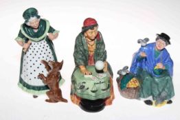 Three Royal Doulton figures 'Old Mother Hubbard', 'Tuppence a Bag' and 'Fortune Teller'.