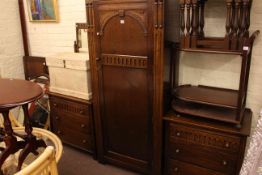 Three piece oak bedroom suite and single bedstead.