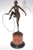 Art Deco style bronze figure of semi-clad dancing girl on marble base.