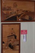 Spindler, two marquetry panels of Continental buildings, both in glazed frames,