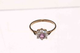 9 carat gold, ruby and cubic zirconia cluster ring, size N.