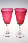 Pair large ruby goblets, engraved, named and dated, Pierre, Josephine, 1906, 28.5cm.