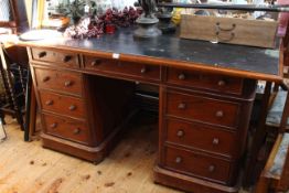 Victorian mahogany nine drawer pedestal desk with pitch pine top, 80cm by 152cm.