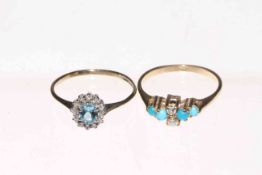 Two 9 carat gold aquamarine and turquoise rings.