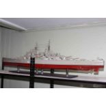 Large model of Naval battleship on stand, 195cm long.