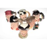 Collection of six Royal Doulton character jugs including Monty and Trapper.