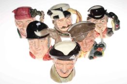 Collection of six Royal Doulton character jugs including Monty and Trapper.