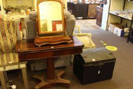 Victorian rosewood fold top card table, studded dome trunk and Victorian mahogany toilet mirror (3).