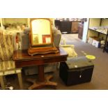 Victorian rosewood fold top card table, studded dome trunk and Victorian mahogany toilet mirror (3).