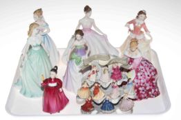 Collection of seven Royal Doulton ladies together with set of miniatures on tree stand.