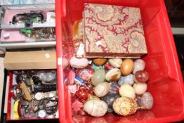 Box of onyx and other eggs, jewellery and watches.