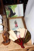 Carved wood elder, temple dog, Ildfast, Norway metal dish with inlay deer decoration, Oriental fan,