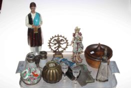 Tray lot with figure liquor bottle, bead purse, opera glasses, etc.