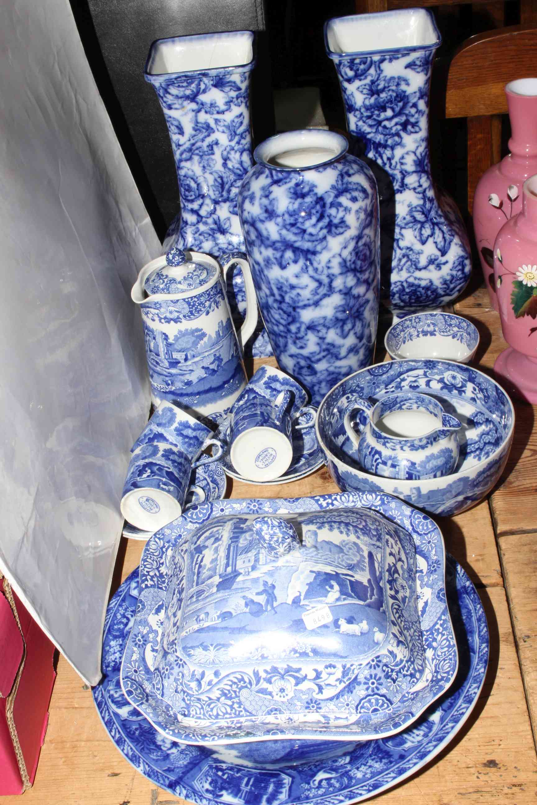 Copeland Spode Italian, Burslem Losol ware, blue and white pottery including tureen, vases, teapot,