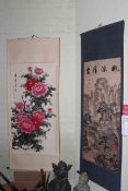 Two Chinese painted scrolls, one with original box, 190cm by 77cm and 189cm by 83cm.