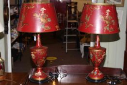 Good pair of chinoiserie table lamps with shades, the urn shade bodies decorated with figures,