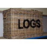 Large two handled wicker log basket, 73cm by 50cm.