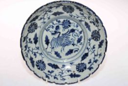 Chinese blue and white glazed stoneware dish with exotic bird and foliage decoration,