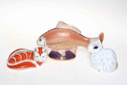 Three Royal Crown Derby paperweights, Fox, Snowy Rabbit and Fish.